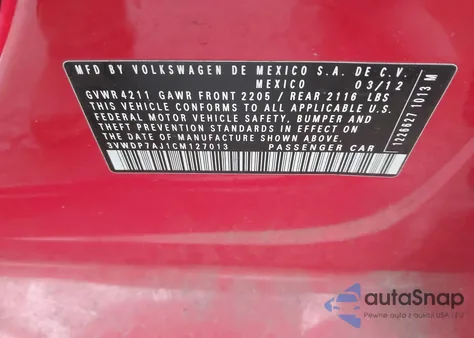 2012 Volkswagen Jetta 2.5L Se из США, поврежденный, VIN 3VWDP7AJ1CM127013